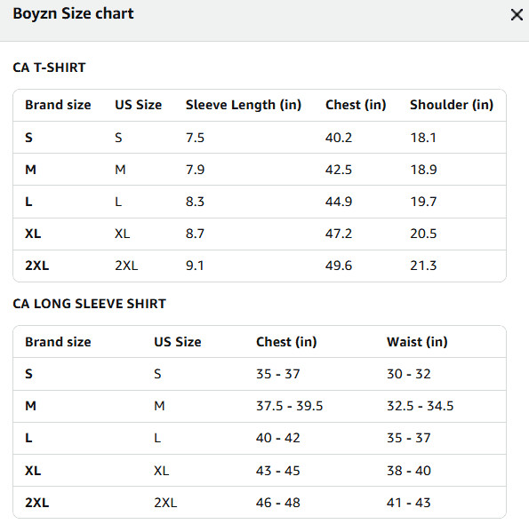 Size chart for T-shirts and long-sleeve shirts with measurements in inches.