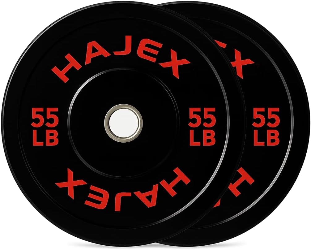 Three black weight plates with red 'Hajex' branding and '55 LB' marking on a white background.