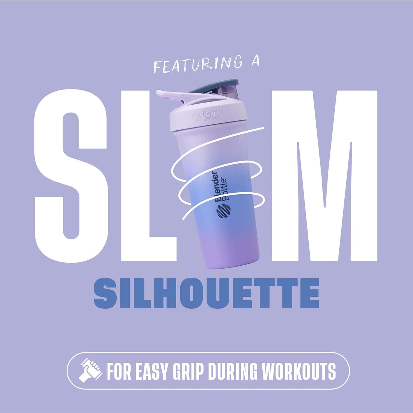 Shaker bottle with 'SLM' branding on a purple background