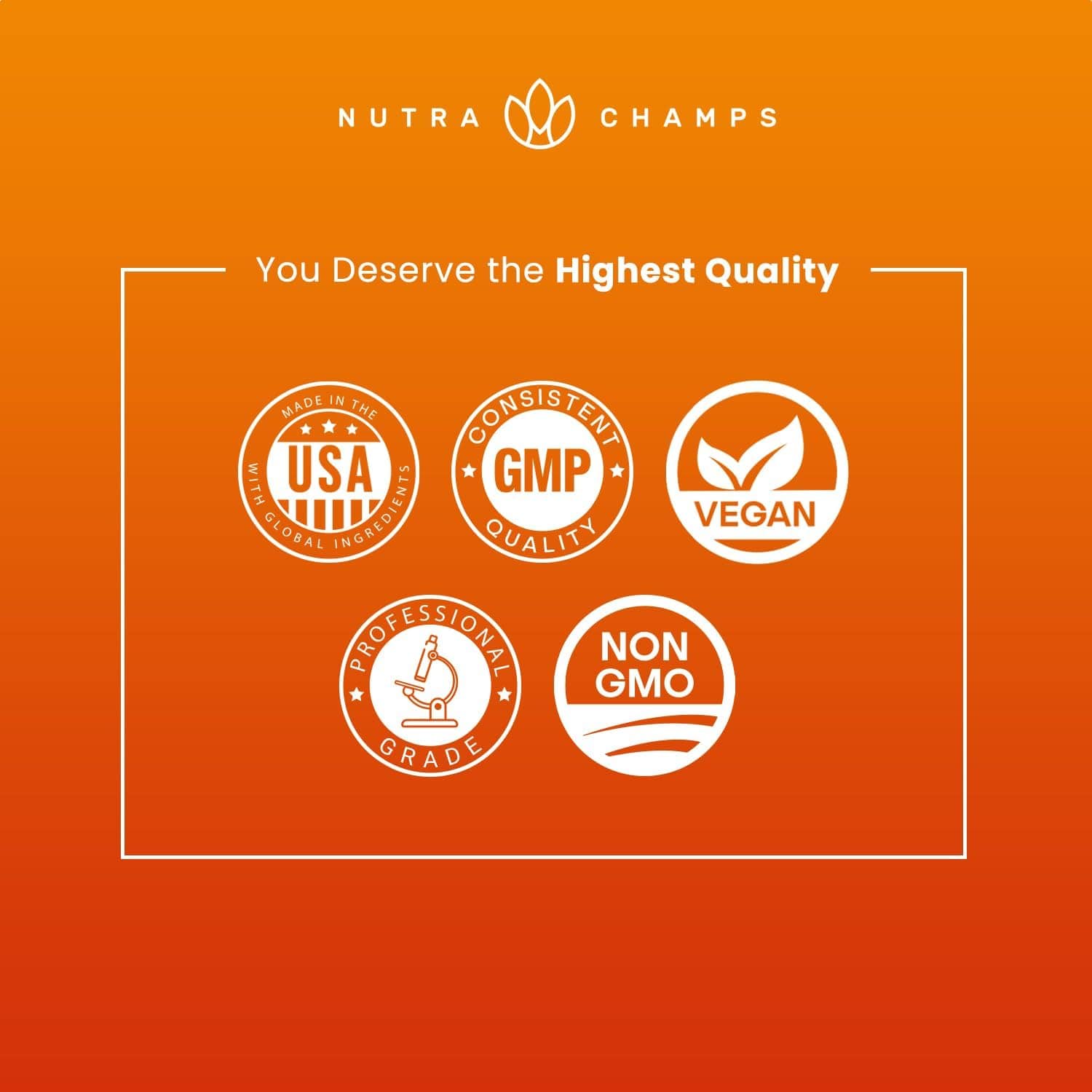 Nutra Champs logo with quality assurance icons on an orange background