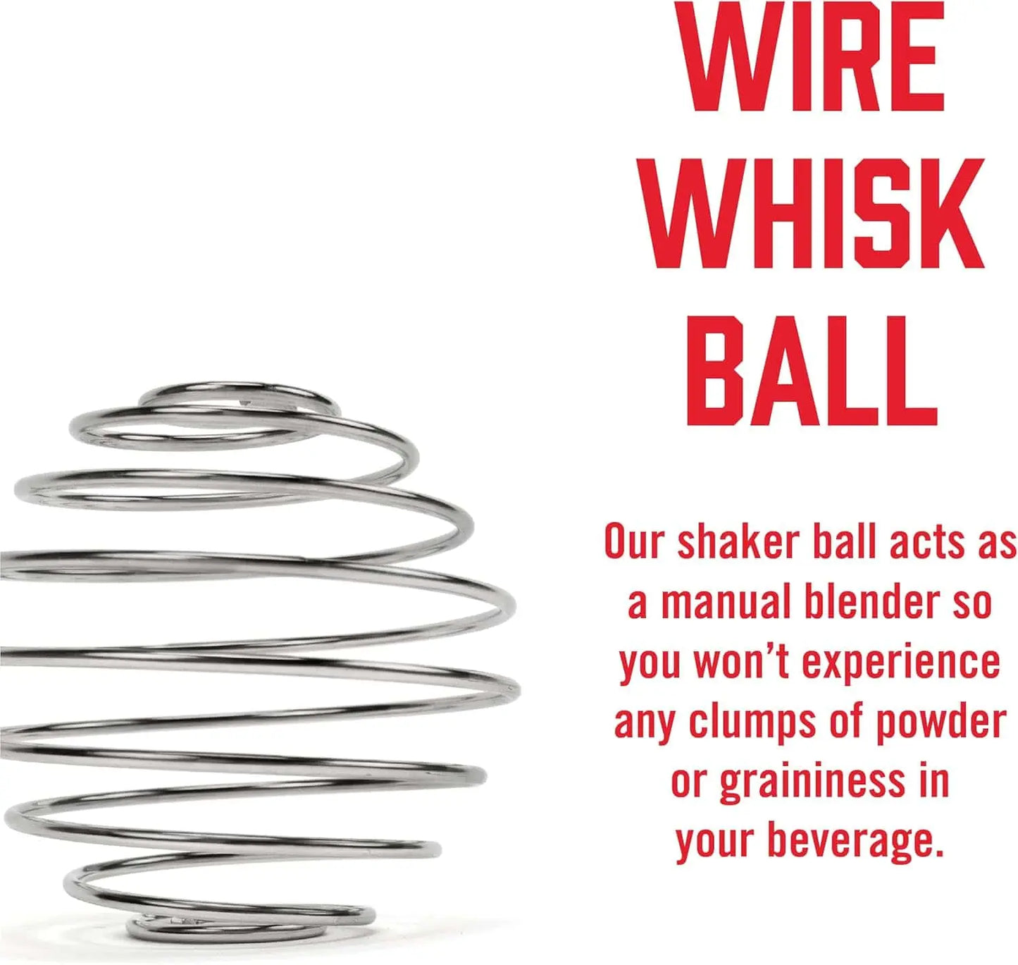 Metallic wire whisk ball with promotional text on a white background