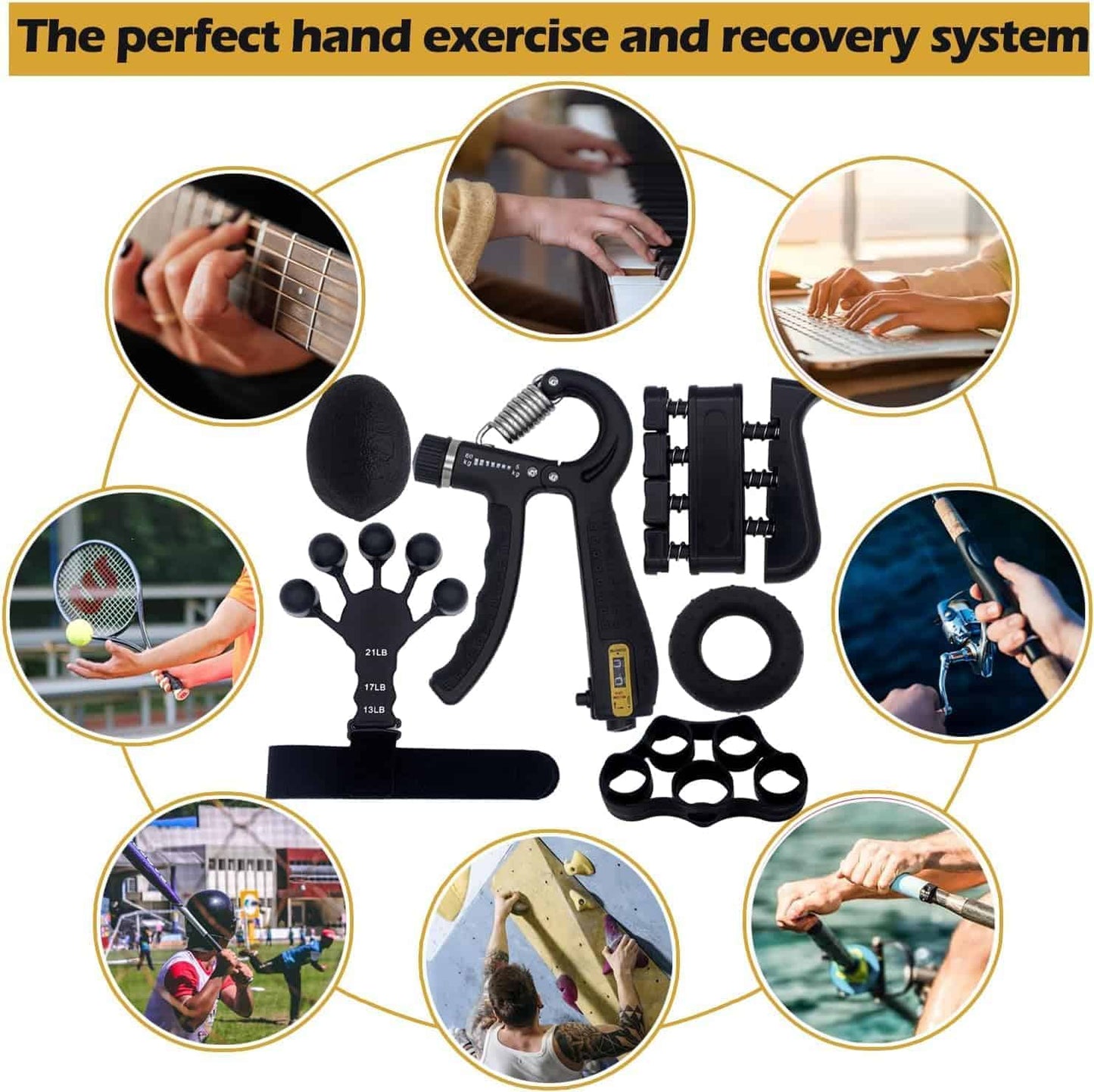 6-Pack Finger Strengthener & Grip Trainer Kit – Adjustable Hand Grip, Forearm Strengthener, Stress Relief Ball & Grip Rings for Home Workout, Muscle Training & Rehabilitation FitCore Supply