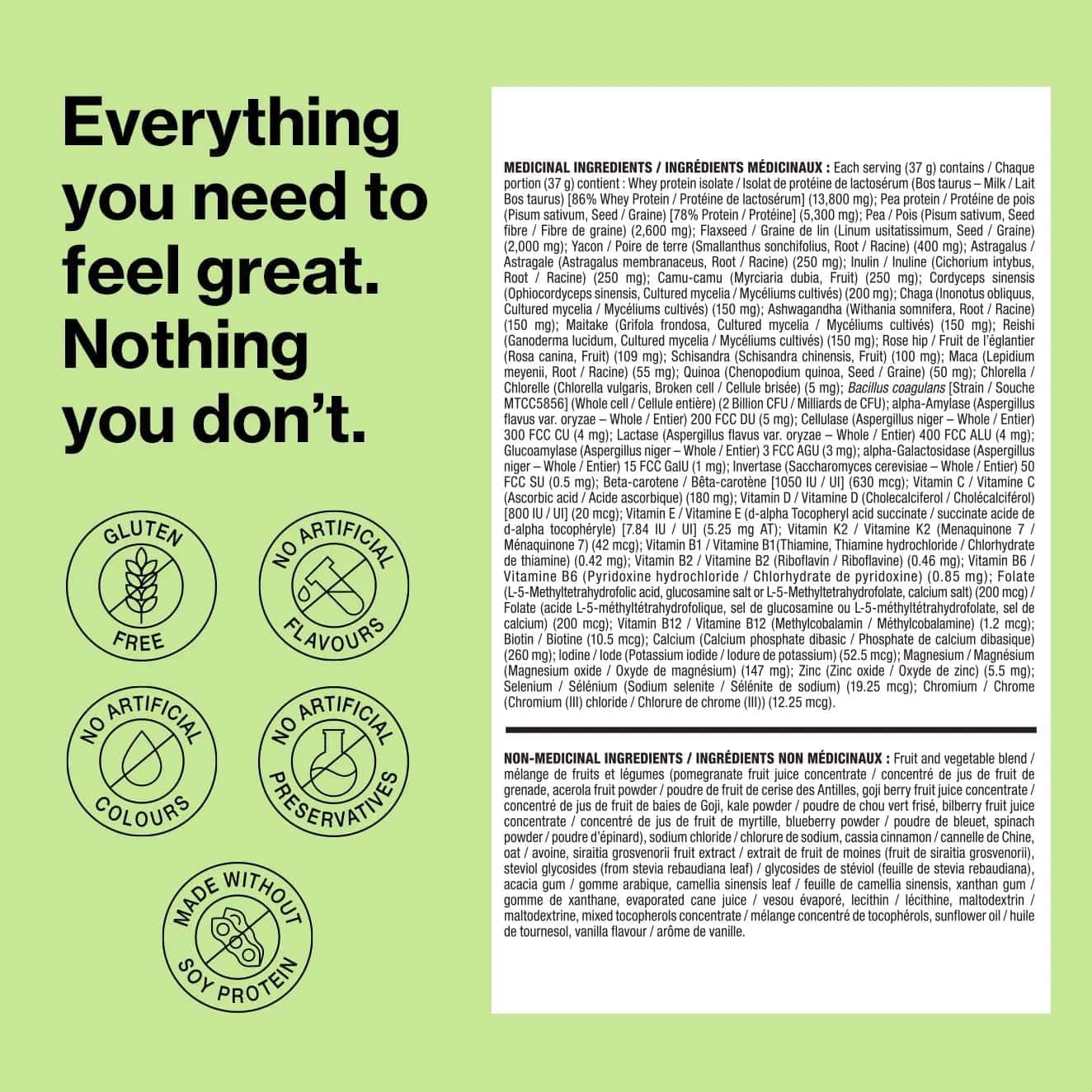 Product label with text and icons on a green background