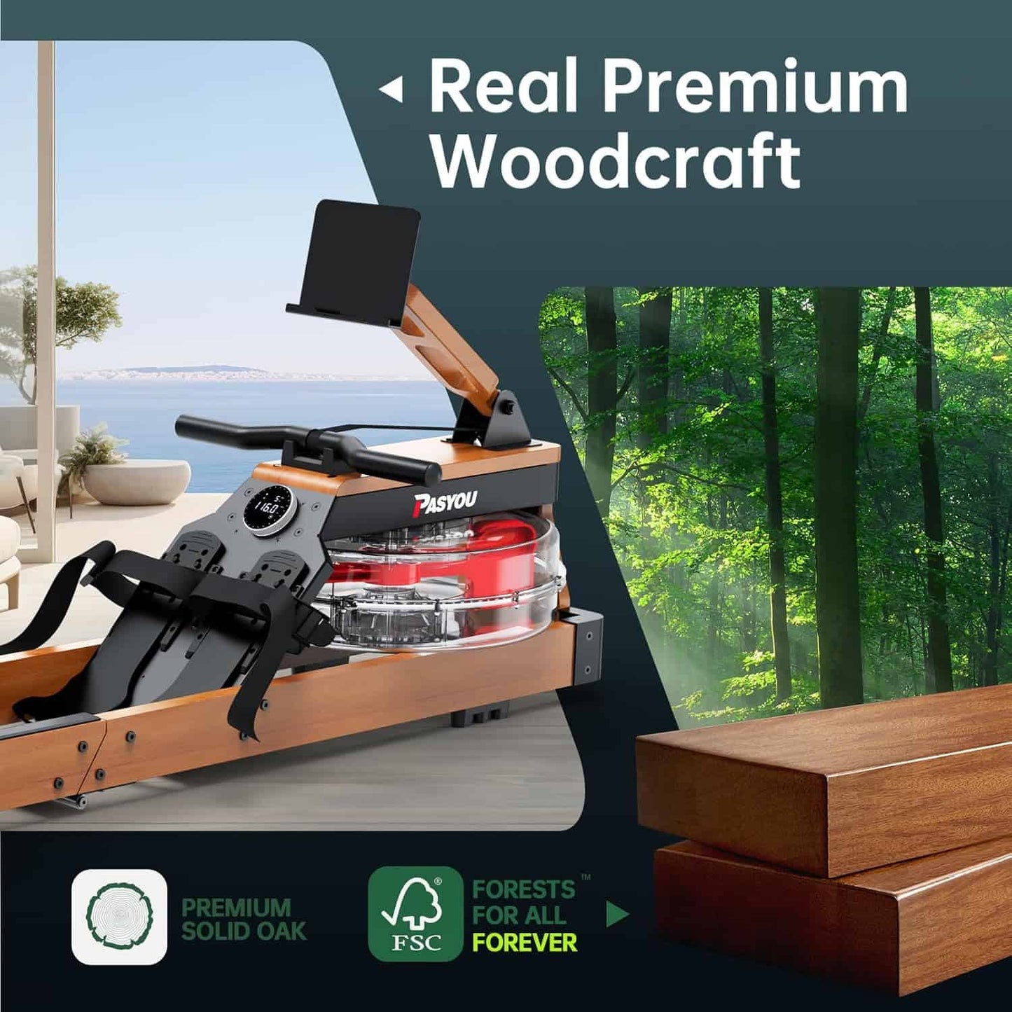 Wooden rowing machine with FSC logo and outdoor scenery