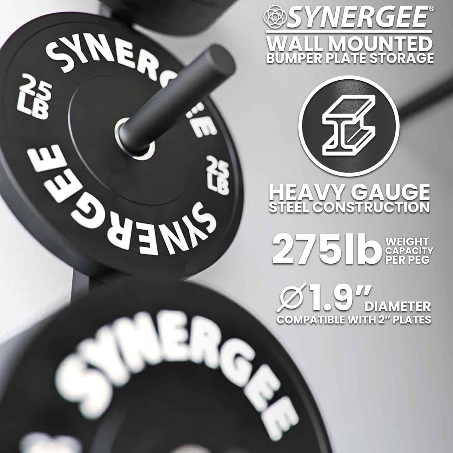 Synergee Wall Mounted Weight Plate Storage Rack – 4 Pegs with 1000 lb Capacity, Heavy-Duty Gym Plate Holder Synergee