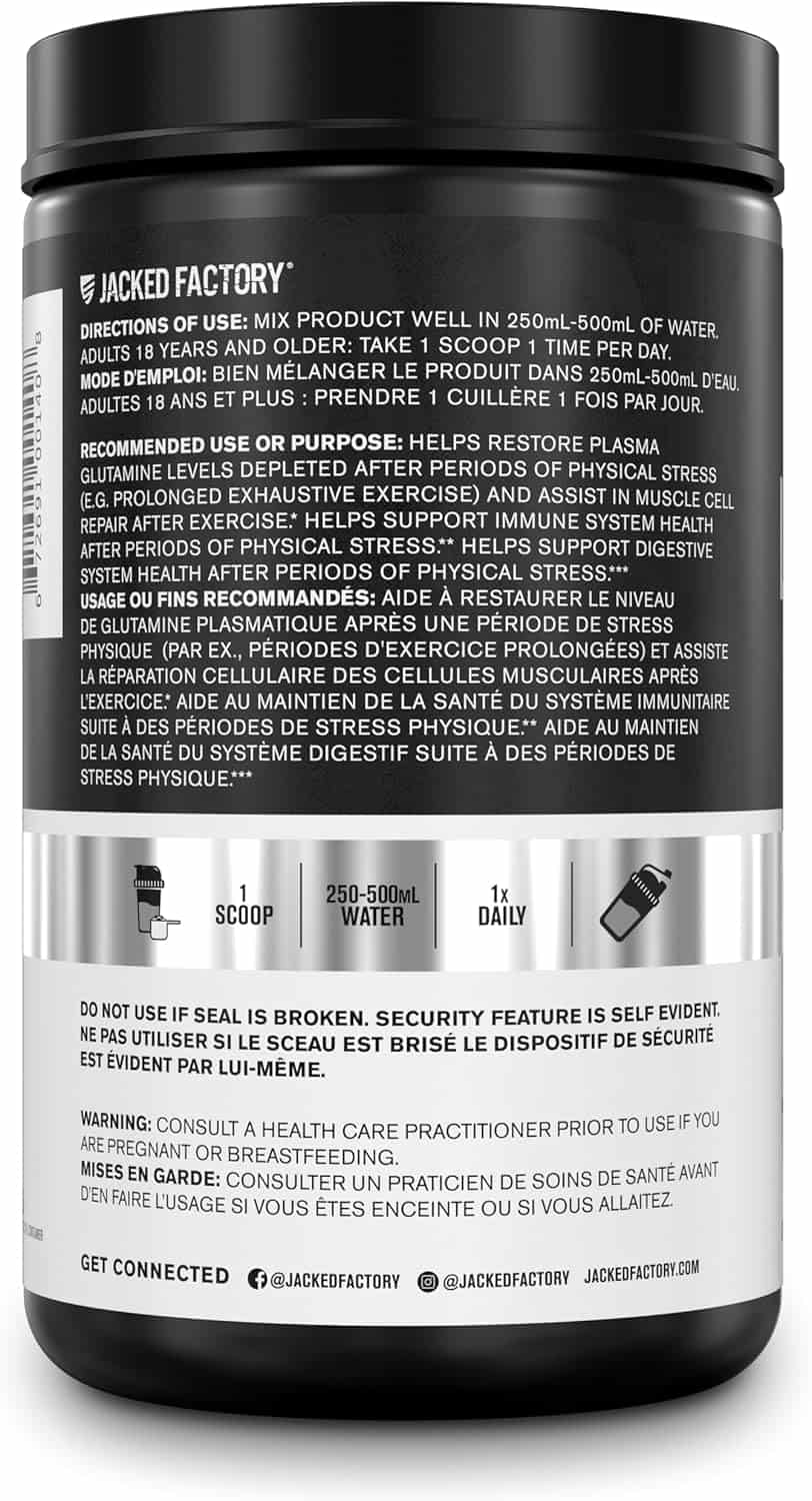 Black supplement container with white label displaying text and branding