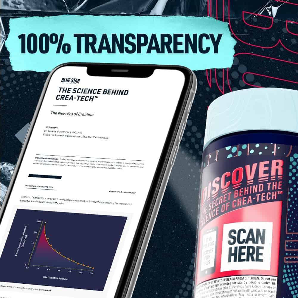 Phone displaying a document with a supplement container labeled 'Discover the secret behind Crea-Tech' on a dark background.