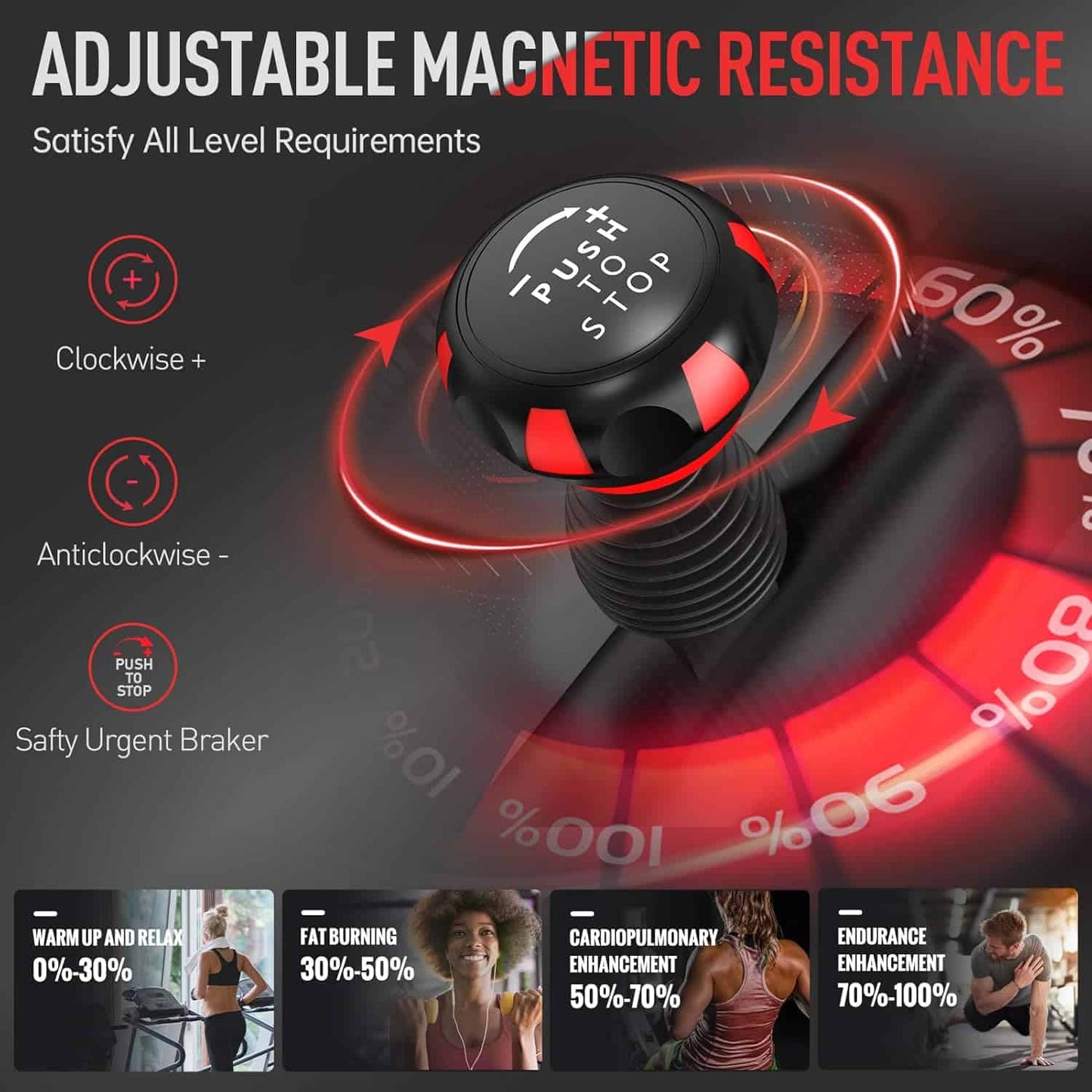 Adjustable magnetic resistance device with red and black design on a dark background