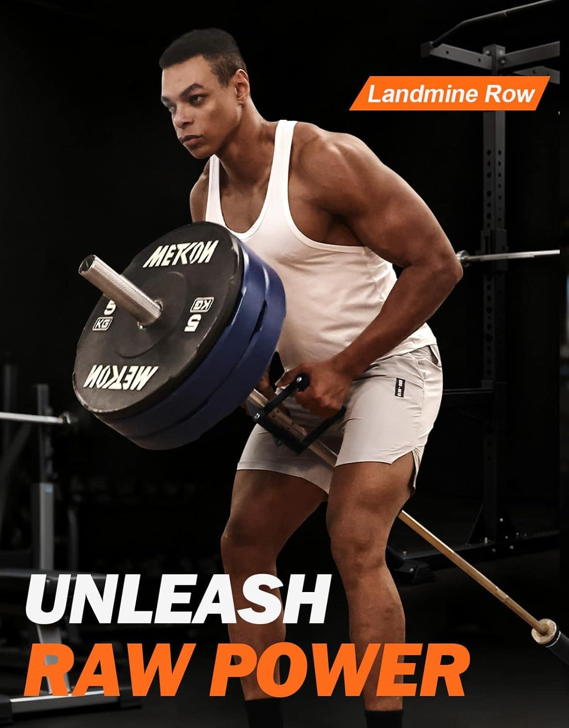 Person performing a landmine row exercise with weights, gym equipment in the background.