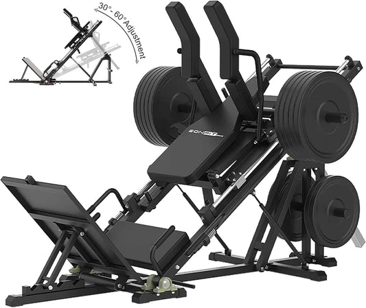 Leg press machine with weight plates and adjustable angles on a white background