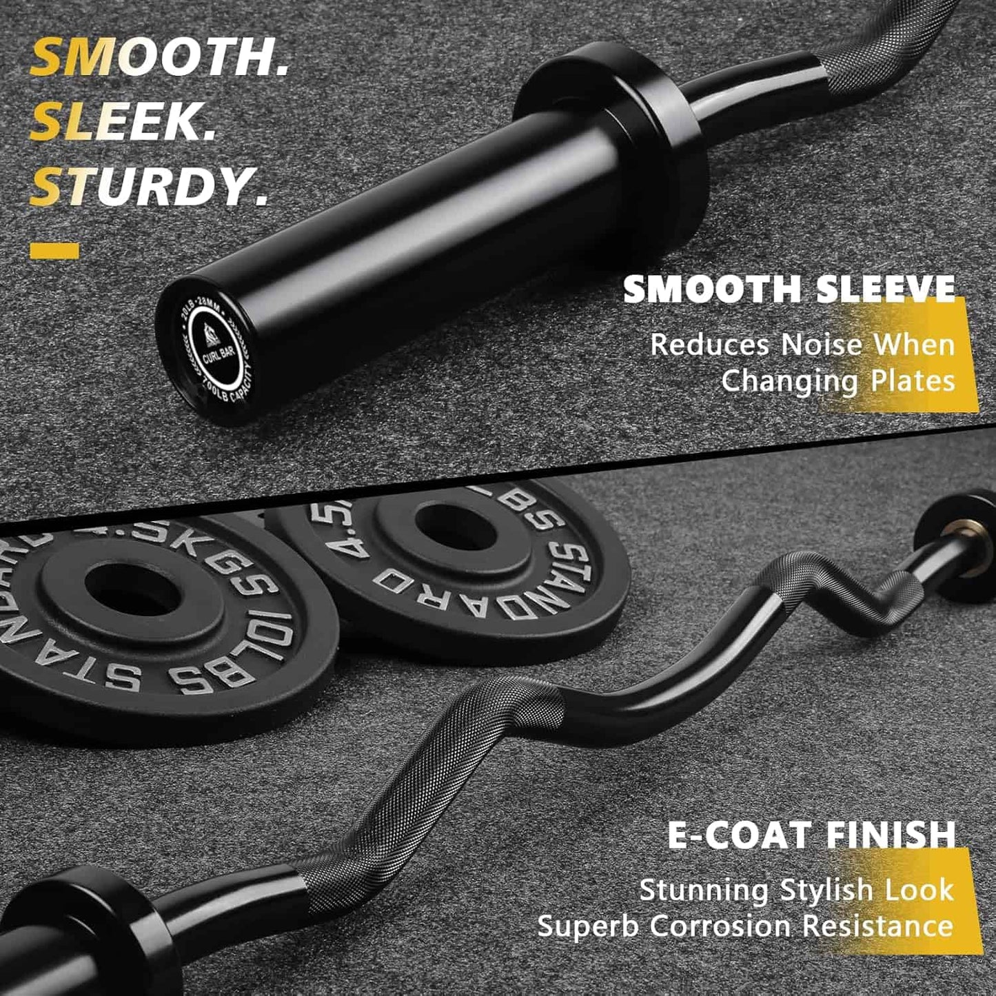 Black barbell with smooth sleeve and E-coat finish on a dark surface