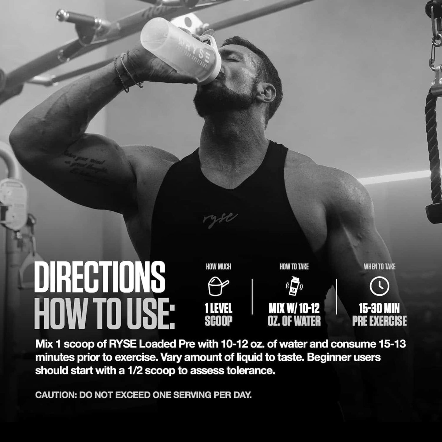 Person drinking from a supplement bottle with RYSE branding, surrounded by gym equipment.