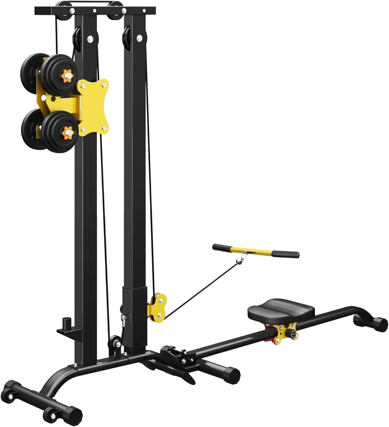 Black and yellow cable machine gym equipment on a white background