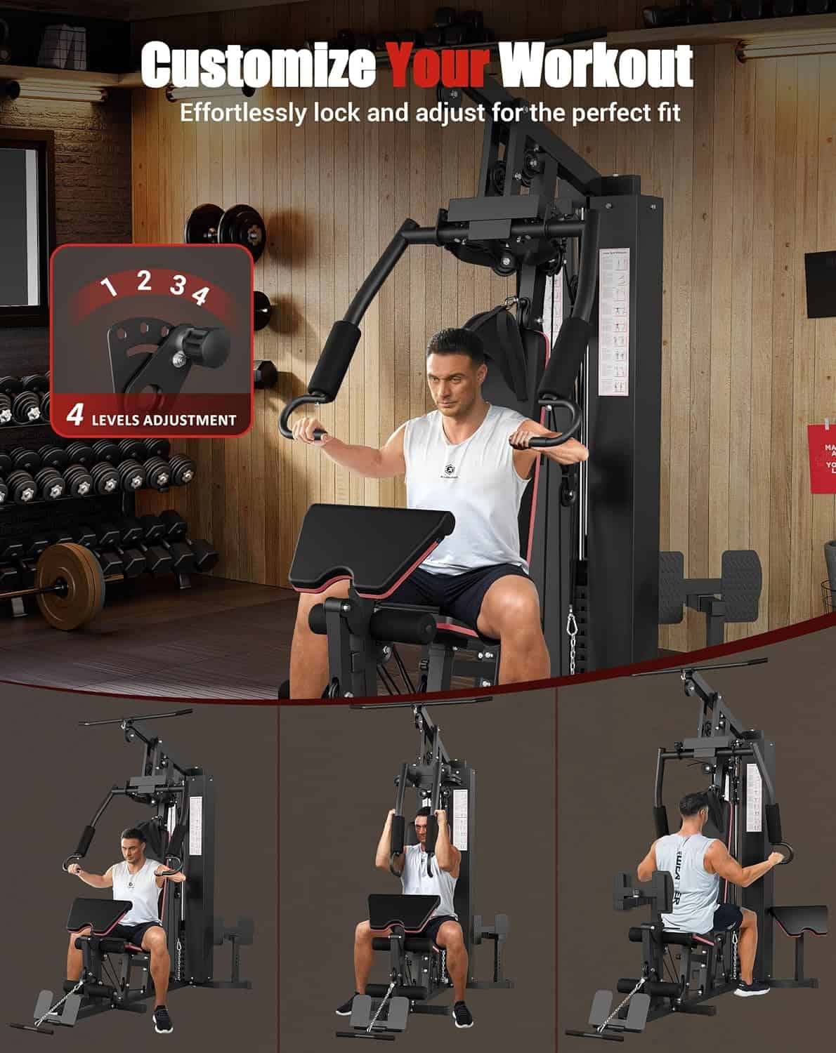 Person using a gym machine with adjustable levels, surrounded by gym equipment.