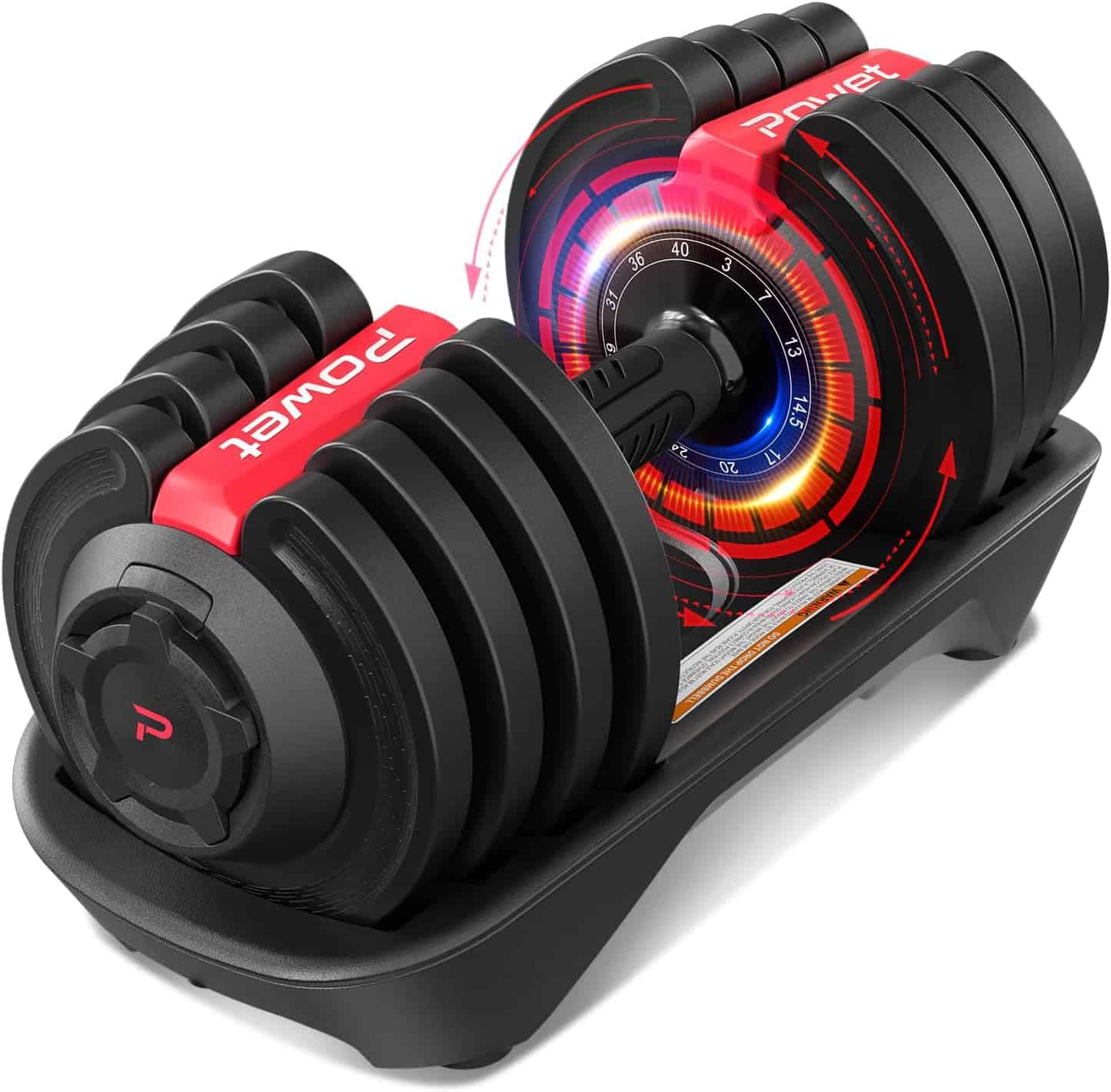 POWET Adjustable Dumbbell – 3 to 40 lb, 12 Weight Settings, 1-Second Quick Dial with Tray