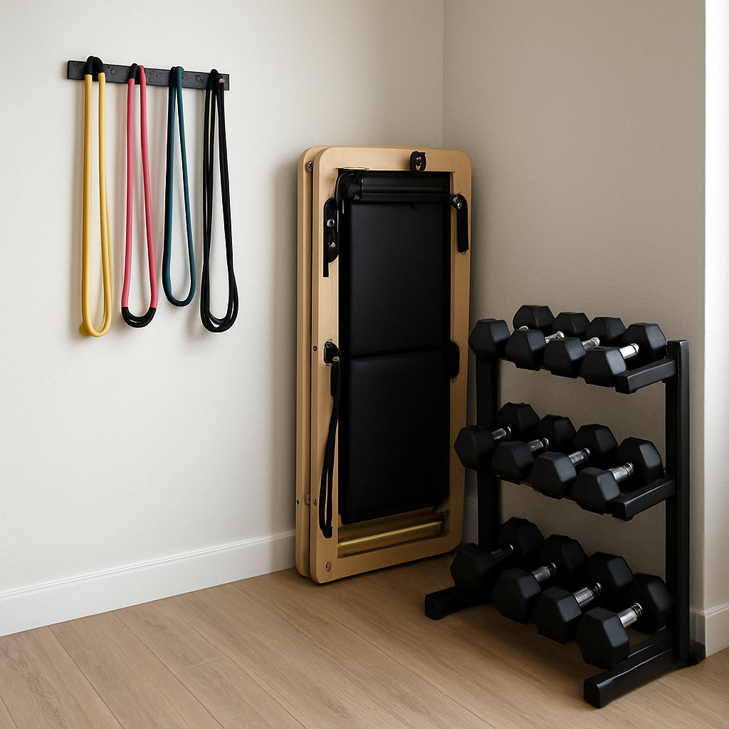 A modern small apartment corner transformed into a compact home gym with wall‑mounted bands, a folded Pilates reformer, and a sleek dumbbell rack. Alt: compact home gym ideas corner transformation.