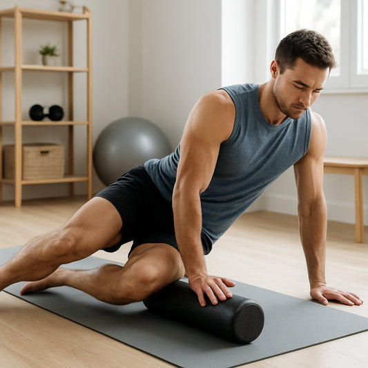 A fit individual using a foam roller on a yoga mat in a bright home gym setting. Alt: foam roller benefits for recovery demonstrated in a home workout environment.
