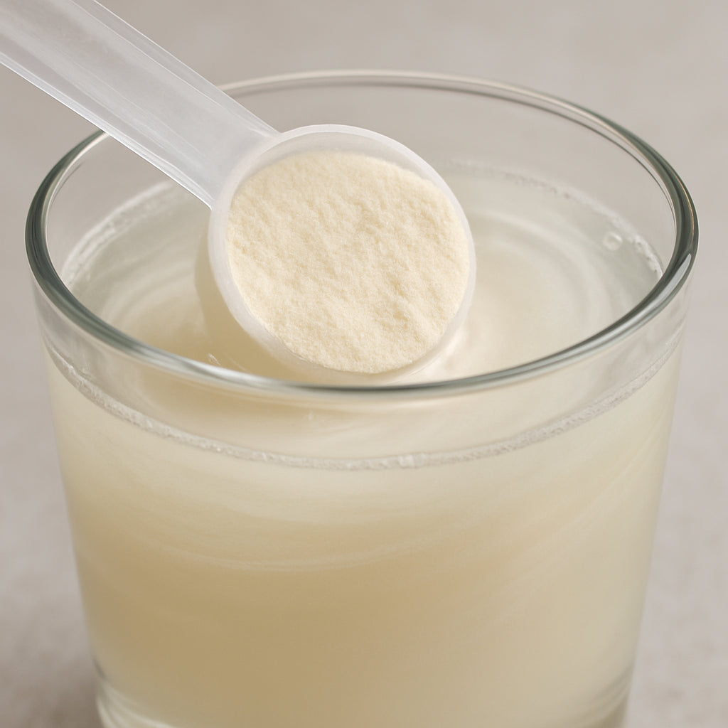 A close‑up of a clear protein powder scoop dissolving in a glass of water, showing smooth texture and no clumps. Alt: lactose free whey protein isolate powder mixing effortlessly in water.