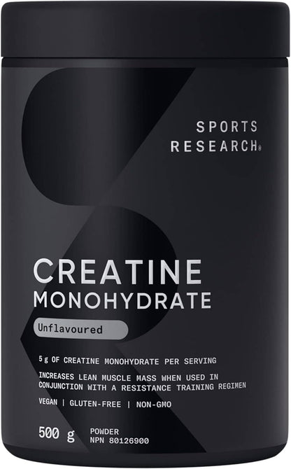Black container of Sports Research Creatine Monohydrate powder on a black background