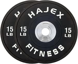 Pair of black weight plates with 'Hajex Fitness' branding on a white background