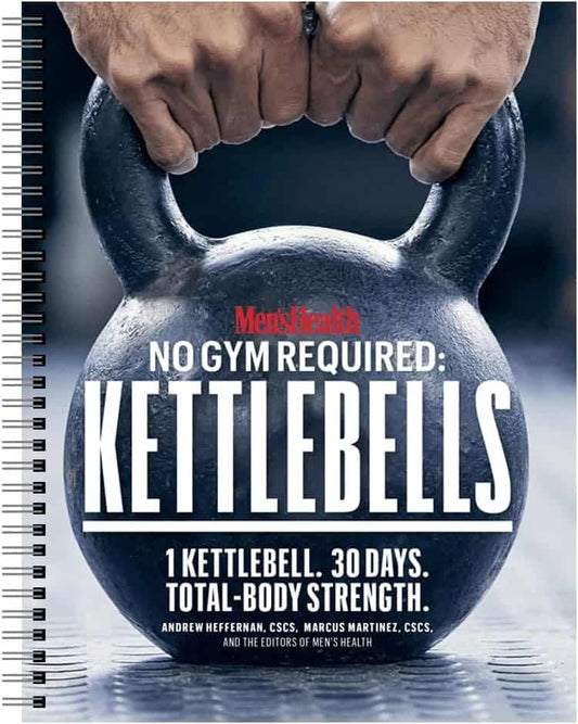 Book cover of 'No Gym Required: Kettlebells' by Men's Health with a kettlebell on a dark background.