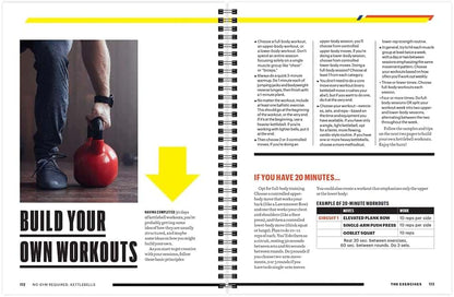 Fitness magazine layout with person holding a red kettlebell and text on workout planning.