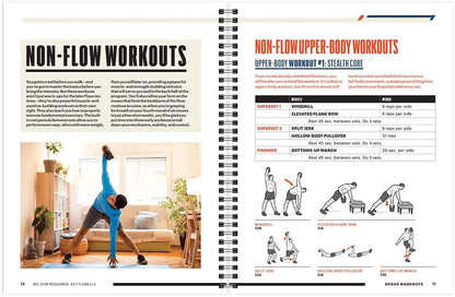 Open book showing a workout routine with illustrations and text on non-flow workouts.