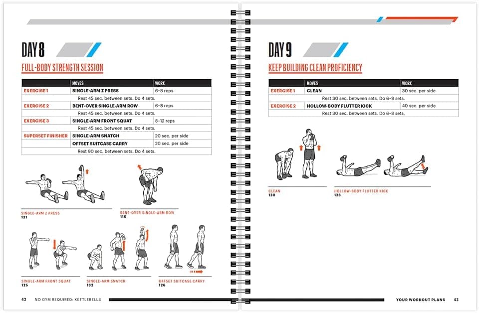 Fitness planner with workout sessions for Day 8 and Day 9 on a white background