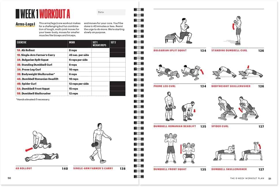 Workout plan book with exercise illustrations and text on a white background