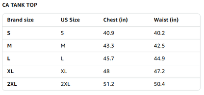 Size chart for CA Tank Top with brand size, US size, chest, and waist measurements.