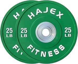 Green weight plates with 'Hajex Fitness' branding on a white background