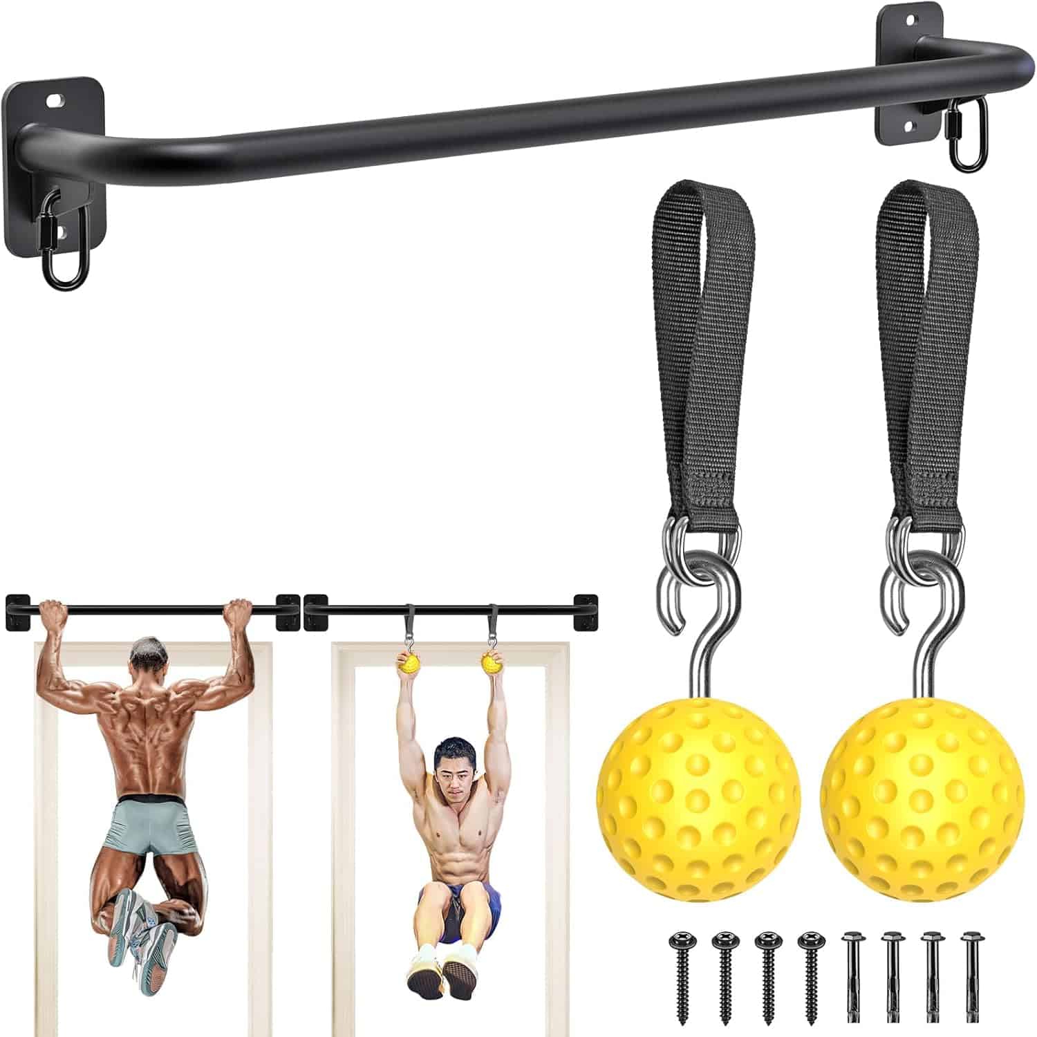Wall-mounted pull-up bar with two yellow exercise balls and hardware on a white background