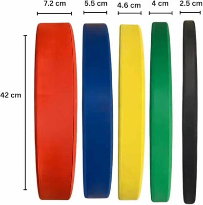 Set of five colorful rubber bands with measurements on a white background