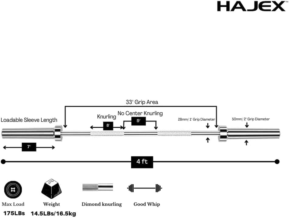 Barbell with technical specifications labeled, featuring the brand 'Hajex'.
