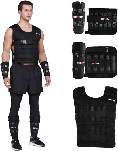 Adjustable Weighted Vest – Workout Weight Vest with 96 Removable Steel Plates | Strength Training Jacket for Men & Women, Breathable & Durable Design LEKÄRO