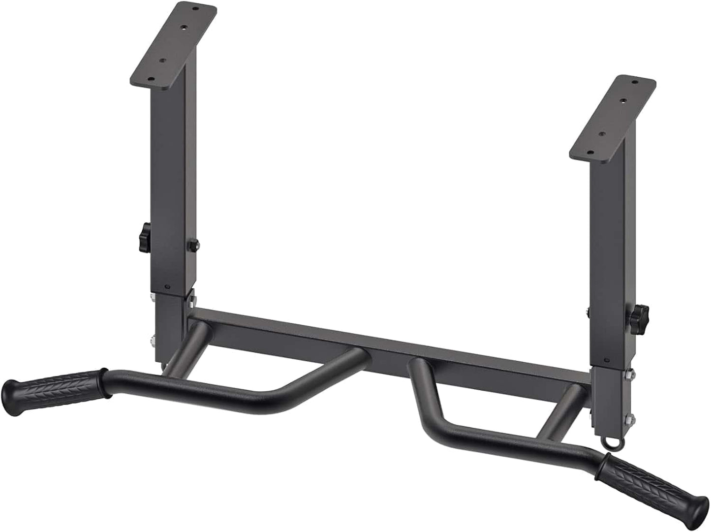 Black pull-up bar and weight rack on a white background