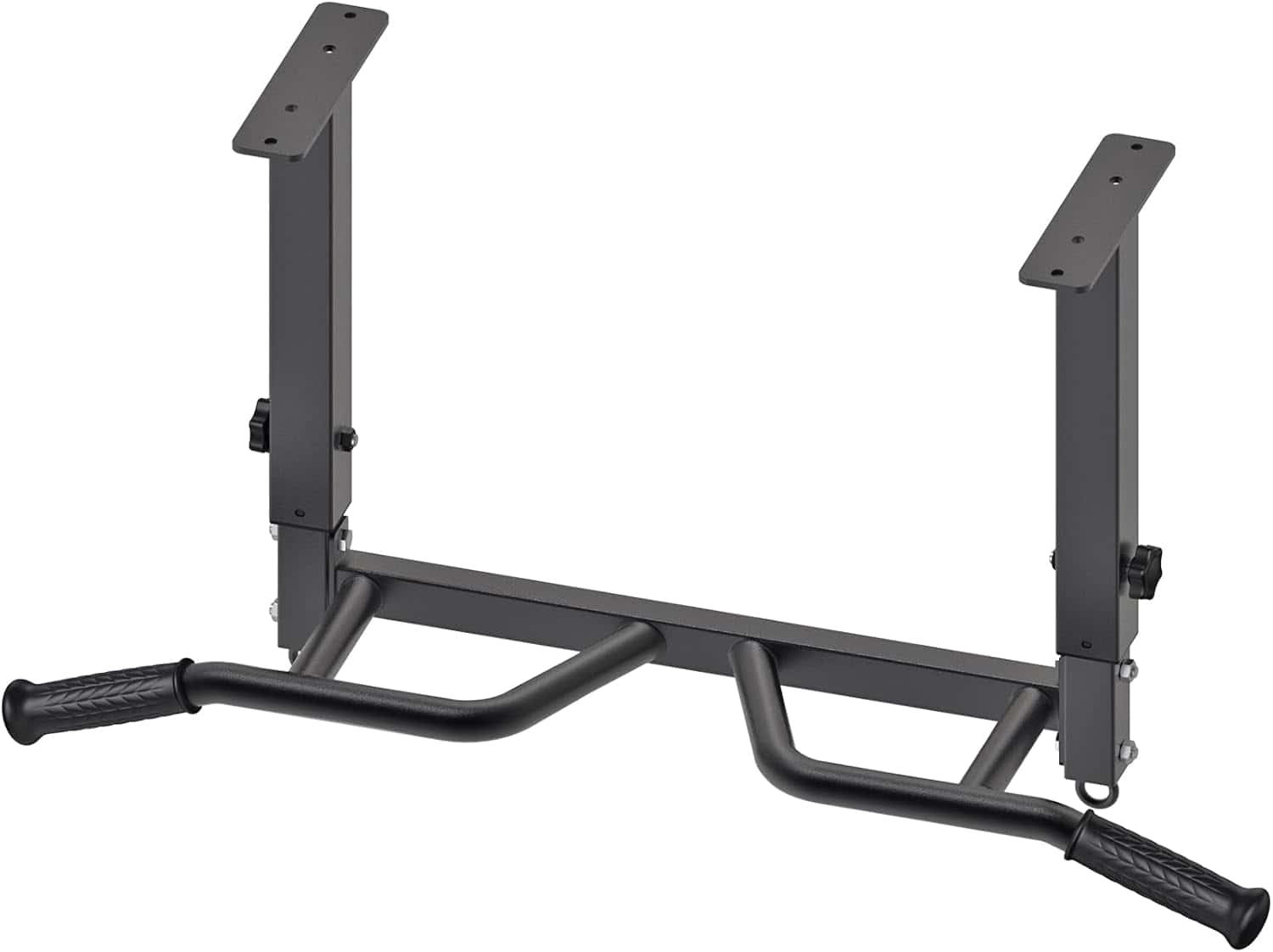 Black pull-up bar and weight rack on a white background