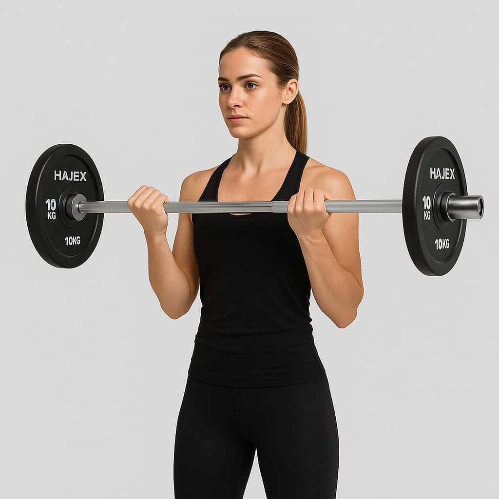 Woman lifting a barbell with black weights on a gray background
