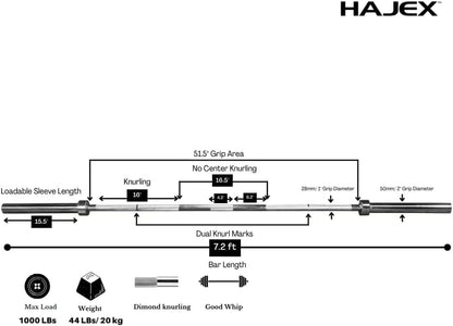 Technical diagram of a barbell with specifications labeled, featuring the brand 'Hajex'.