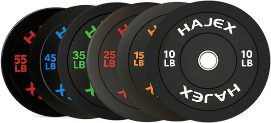 Set of black weight plates with visible brand name 'Hajex' on a white background