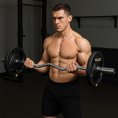 Muscular man lifting a barbell with 'Hajex' plates in a gym setting