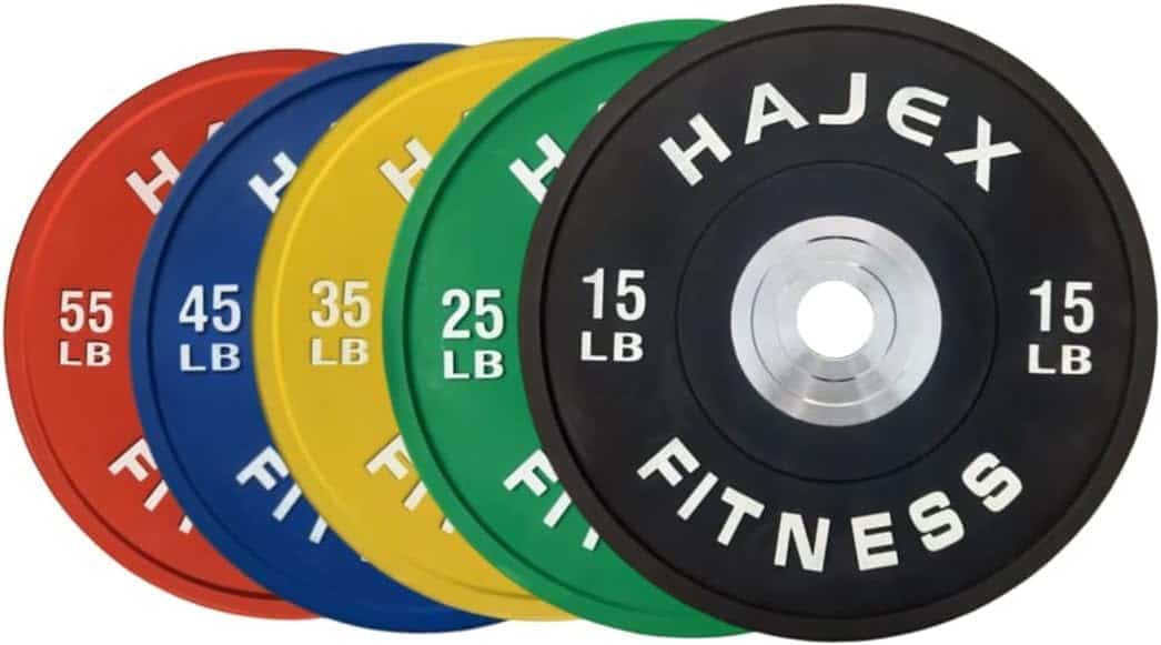 Set of weight plates with 'Hajex Fitness' branding on a white background