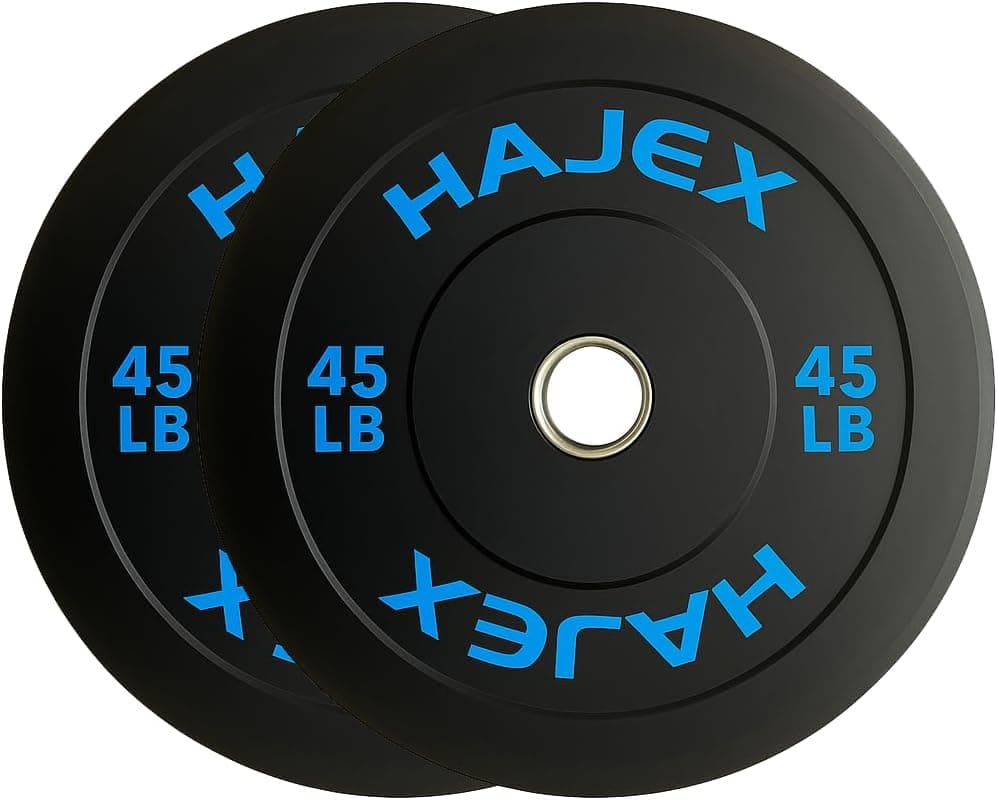 Two black weight plates with 'Hajex' branding and '45 LB' marking on a white background.