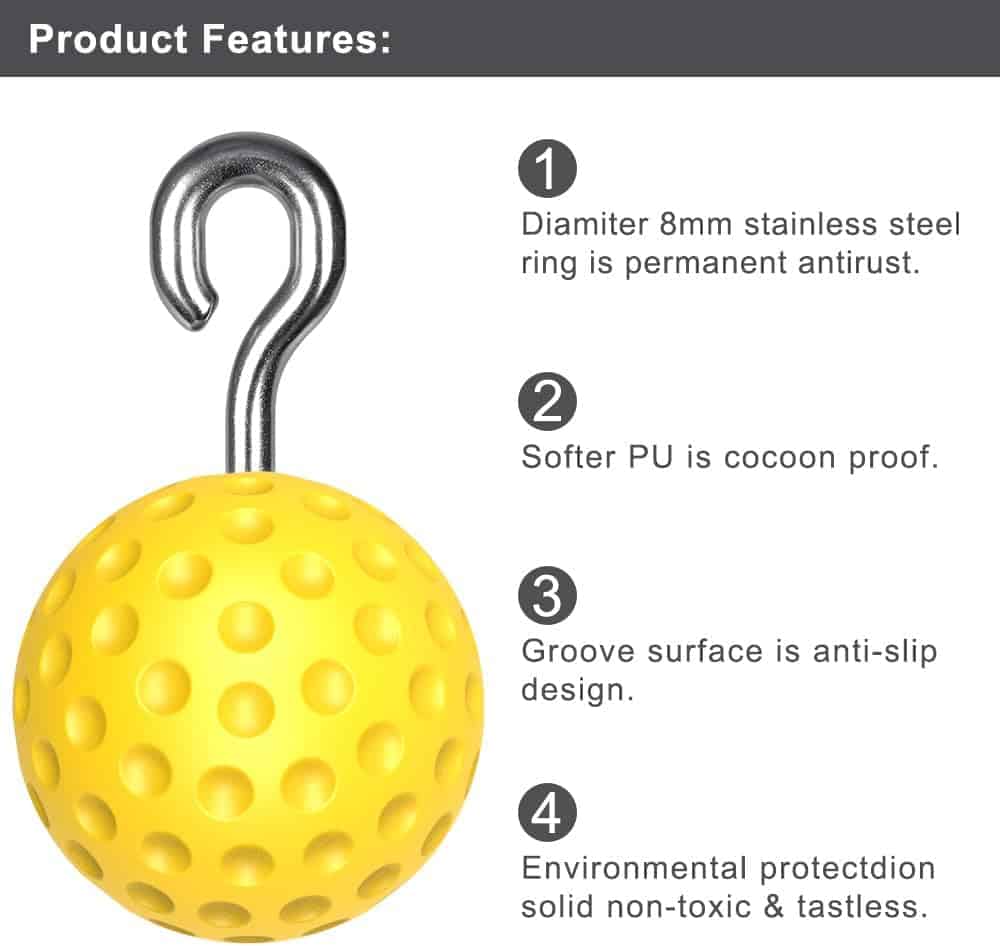 Yellow ball with a metal hook and product features listed on a white background