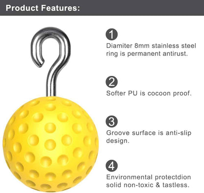 Yellow ball with a metal hook and product features listed on a white background