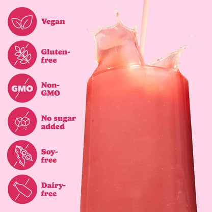Red smoothie being poured with health benefits icons on a pink background
