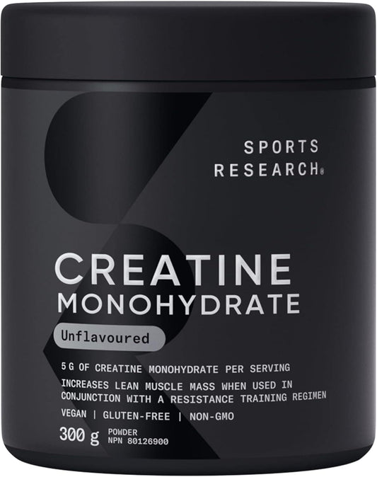 Black container of Sports Research Creatine Monohydrate powder on a black background