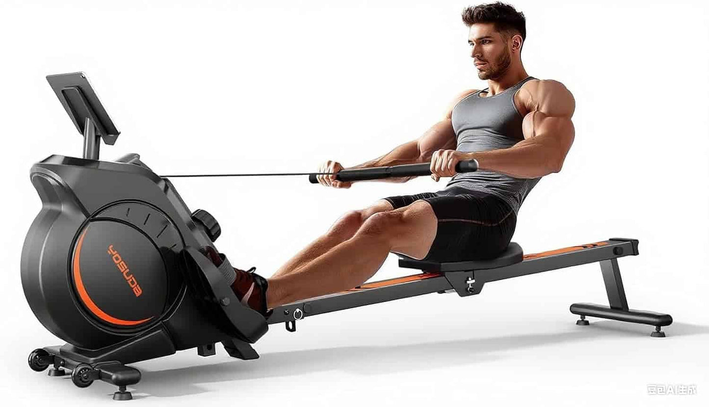 Man using a rowing machine on a white background