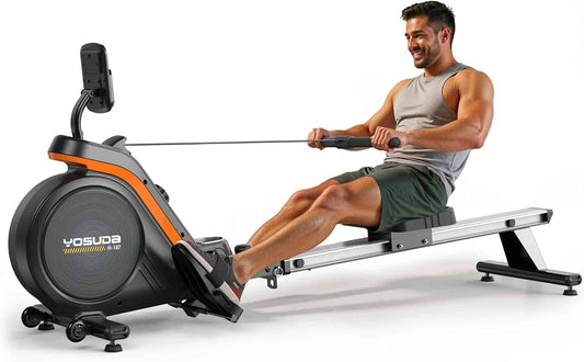 Man using a rowing machine with Yosuda branding on a white background