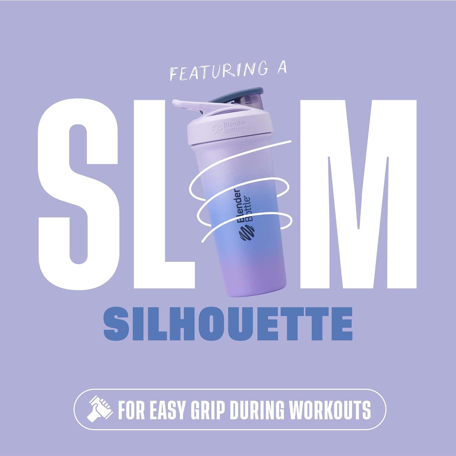 Shaker bottle with 'SLM' branding on a purple background